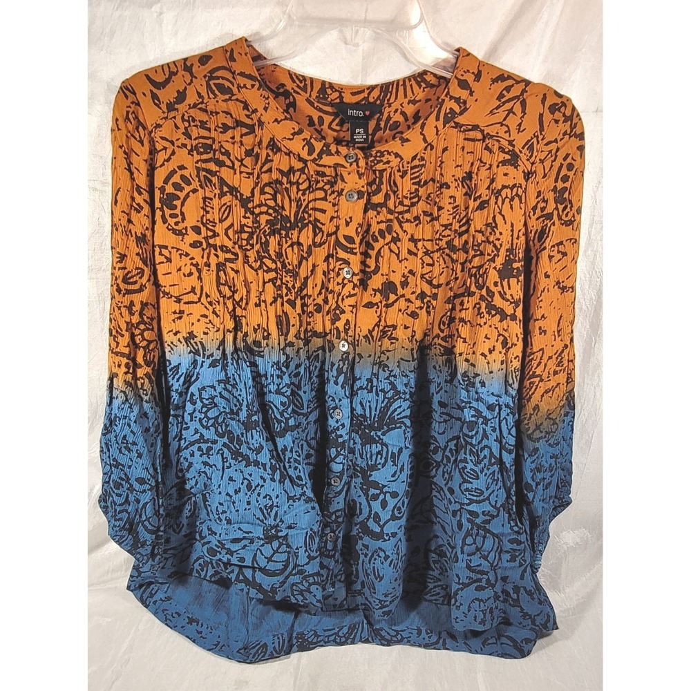 Intro ❤️ Heart 100% Rayon Rust/Blue Ombre Button Down Crinkle Blouse - Petite S